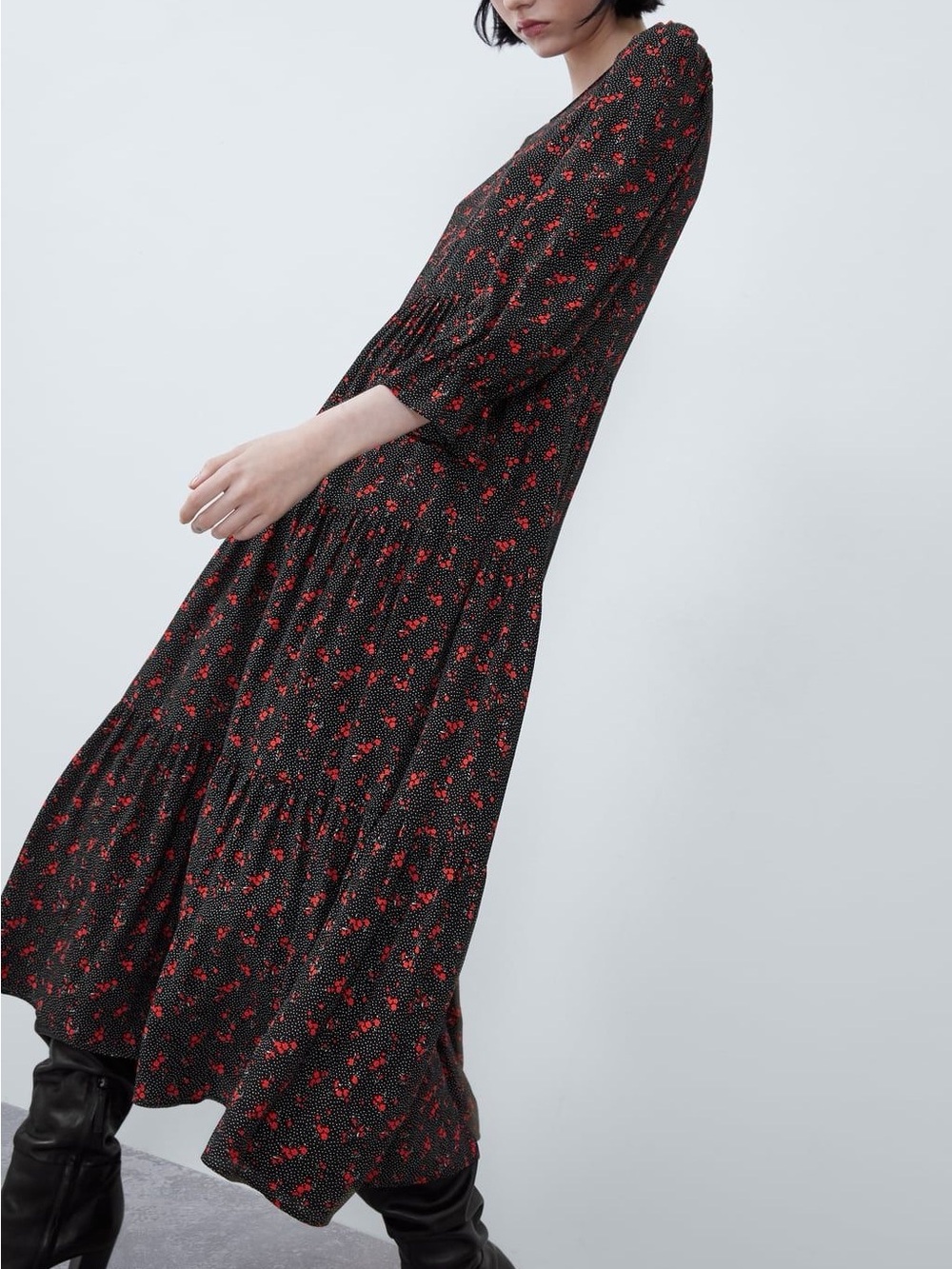 Zara Black Red Floral Polka Dot Maxi Dress Viscose Puff Sleeve Cottagecore S - Picture 7 of 12